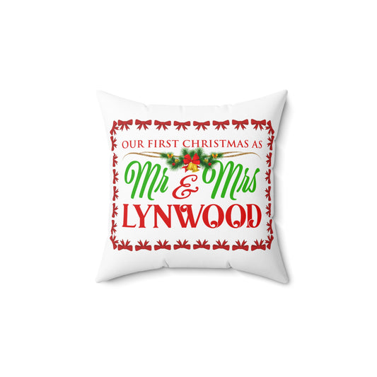 First Christmas Newlywed Spun Polyester Pillow - Holiday Decor, Wedding Gift, Newlywed Gift, Christmas Decor, Throw Pillow