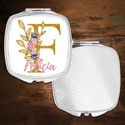 Compact Mirror with Gold Monogram, Floral Accent, and Pink Name